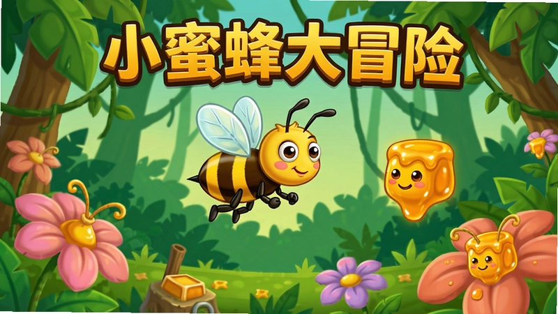小蜜蜂大冒险游戏场景画面,包含小蜜蜂角色飞行在丛林中收集蜂蜜,“小蜜蜂大冒险”