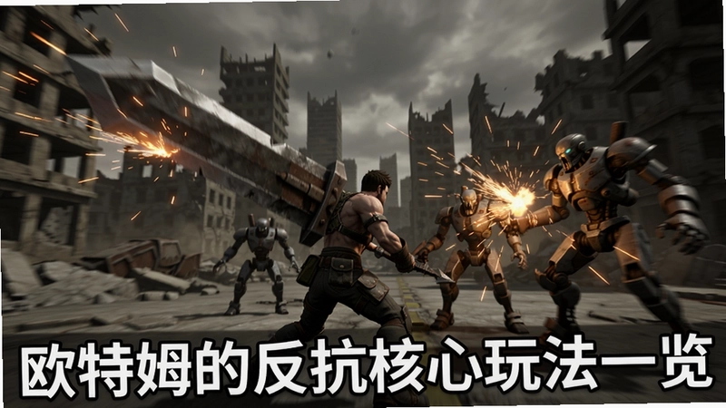 欧特姆的反抗游戏实机战斗场景,主角挥舞巨剑在废土风格城市中与机械敌人激战,画面充满动态模糊和火花特效,注明“欧特姆的反抗核心玩法一览”