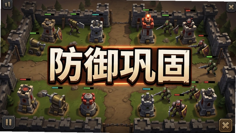 防御巩固游戏主界面,布满防御塔和敌军的战场,文字“防御巩固”突出显示