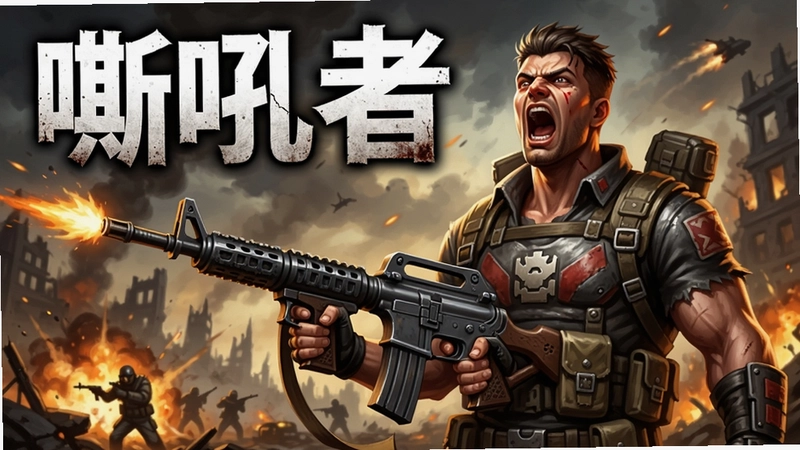 嘶吼者游戏封面,展示主角持枪嘶吼的霸气姿态,背景为战火纷飞的战场,文字注明“嘶吼者”