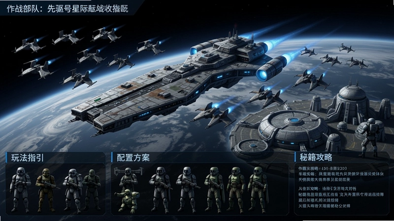 作战部队:先驱号星际战场全景,展示母舰、舰载机群、行星基地和科幻兵种,涵盖玩法指引、配置方案、秘籍攻略等综合内容