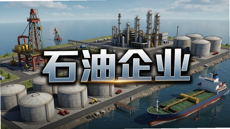 生成石油企业游戏宣传主图,展现油田、炼油厂、储油罐与油轮等场景,画面中央具有醒目艺术字标题“石油企业”,整体为写实经营模拟风格