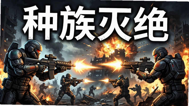 种族灭绝游戏海报,高科技战士激烈交火,光影炸裂战场,“种族灭绝”标题文字