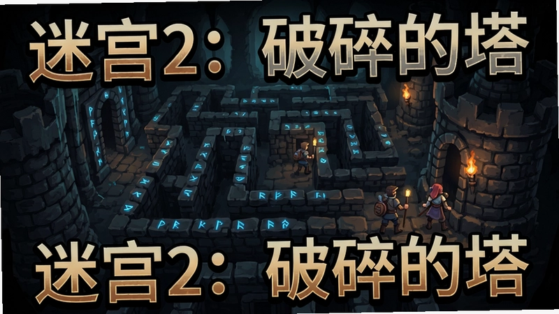 迷宫2:破碎的塔游戏场景图,包含“迷宫2:破碎的塔”标题文字,展现幽暗塔内迷宫、发光符文与冒险者探索