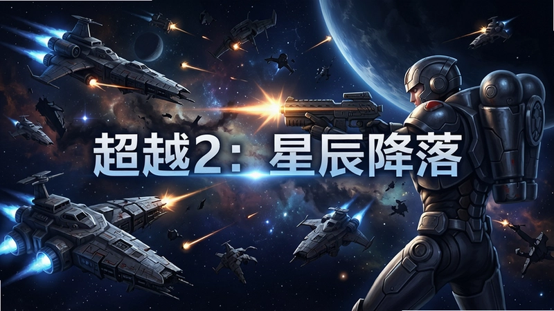 超越2:星辰降落太空场景与飞船战斗画面,浩瀚星河中星际战舰残骸漂浮,主角身着动力装甲举枪瞄准,画面中间标注游戏名称“超越2:星辰降落”,整体氛围宏大而神秘