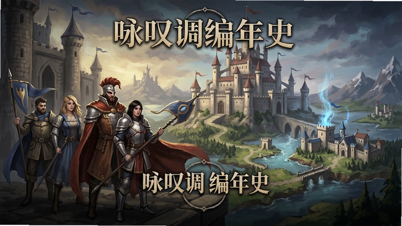 咏叹调编年史游戏主视觉图,“咏叹调编年史”英雄集结、领主城堡与魔法大陆场景,画面宏伟史诗感,手绘风格