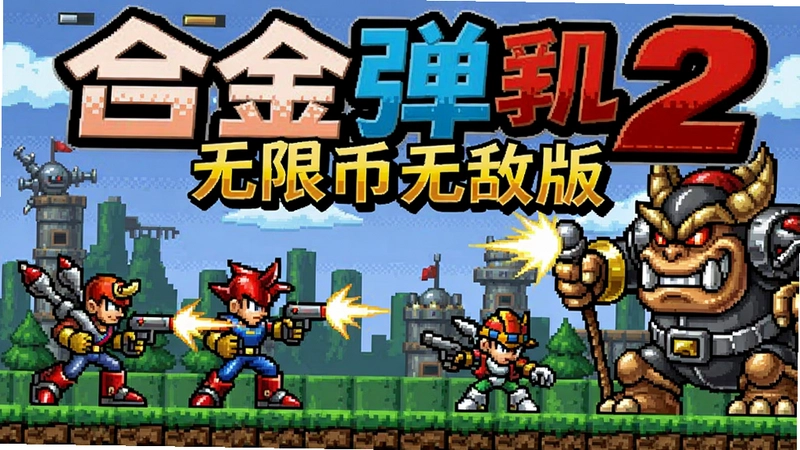 合金弹头2游戏场景插画,包含“无限币无敌版”标题字,角色、载具、BOSS等核心元素,展现动作射击经典