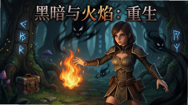 游戏《黑暗与火焰:重生》女主角在魔法森林中点燃火焰驱散黑暗,画面包含隐藏物品与神秘符号,标题文字“黑暗与火焰:重生”