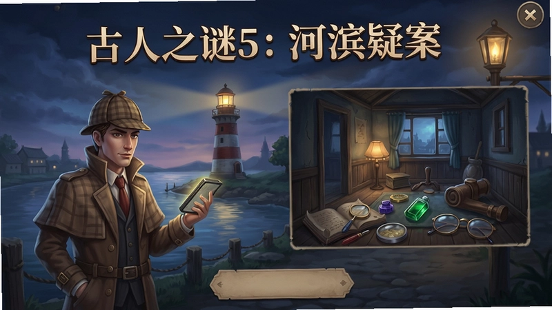 古人之谜5:河滨疑案游戏主界面及案发现场精美场景,包含侦探角色、河滨灯塔与证物道具,画面唯美细腻,文字标注