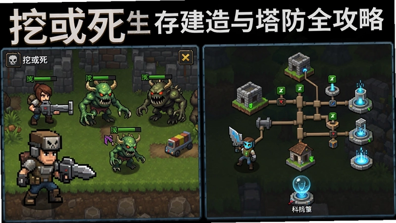 “挖或死”生存建造与塔防全攻略,包含角色、怪物、建造、科技树等元素,展示游戏核心玩法画面
