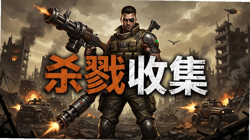 生成杀戮收集游戏主视觉海报,画面展现废土战场与手持重火力的主角,游戏标题“杀戮收集”醒目置于中央