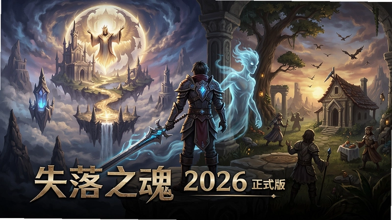 失落之魂电脑版游戏场景主视觉图,包含主角与灵魂形态,画面展现神域与凡间交织的奇幻风格,标注“失落之魂 2026 正式版”