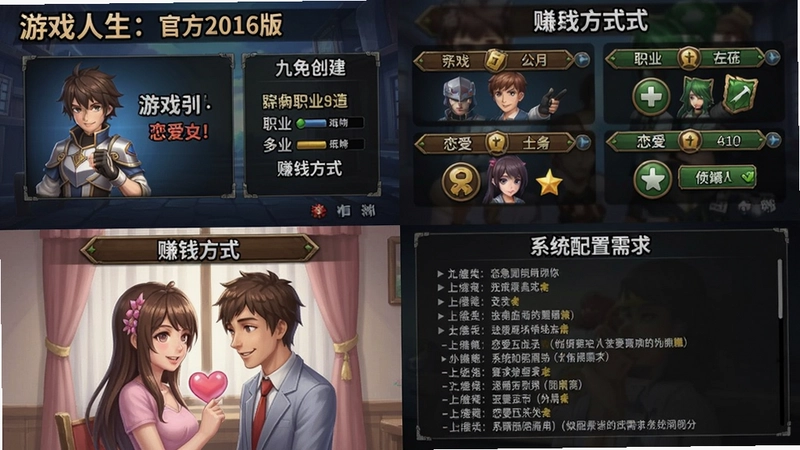 “游戏人生:官方2016版”游戏主界面展示、角色创建、多种职业与赚钱方式、恋爱互动场景、系统配置需求综合图片