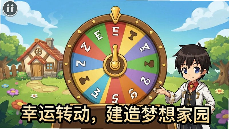 游戏人生:幸运转轮游戏主界面,展示转盘、家园和角色,文字“幸运转动,建造梦想家园”