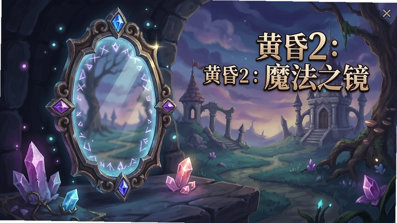 一幅展示“黄昏2:魔法之镜”游戏主界面的精美图片,包含魔法镜子和奇幻场景,文字“黄昏2:魔法之镜”