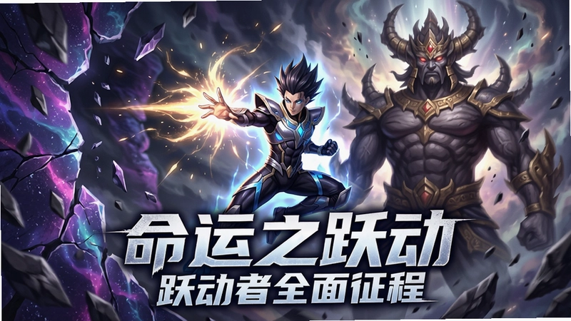 命运之跃动主角跃动之姿释放华丽奥义,背景为破碎次元与巨型古神,主视觉文字“命运之跃动 跃动者全面征程”