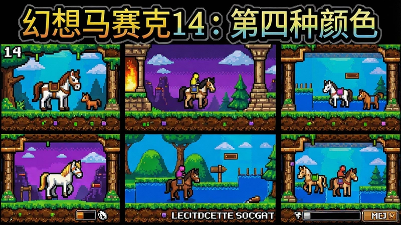 幻想马赛克14:第四种颜色电脑版游戏主界面与多彩关卡展示,像素艺术风格,包含“幻想马赛克14:第四种颜色”完整标题