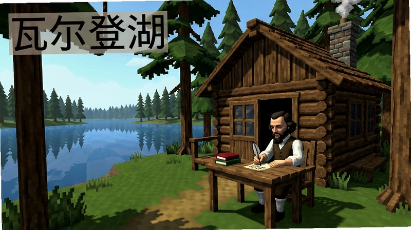 宁静的瓦尔登湖畔木屋,森林环绕,梭罗在书桌前写作,游戏截图,“瓦尔登湖”文字标识