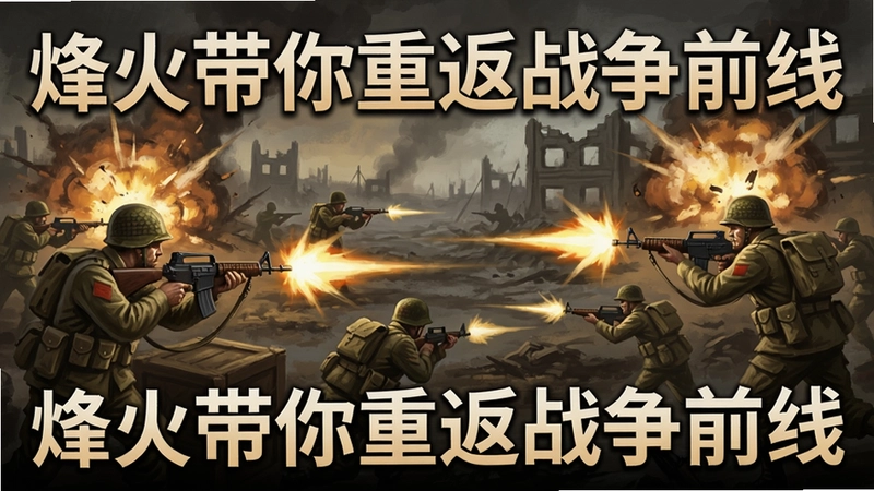 烽火电脑版游戏战场画面,射击特效,士兵冲锋,文字“烽火带你重返战争前线”