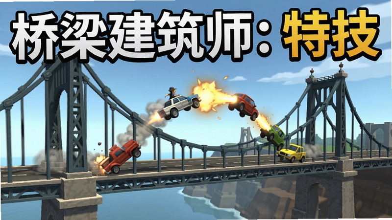 生成表现“桥梁建筑师:特技”游戏核心玩法的图片,展示桥梁上车辆完成特技的精彩瞬间,包含“桥梁建筑师:特技”标题文字
