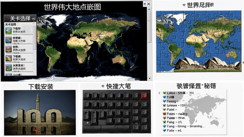 世界伟大地点嵌图电脑版游戏全攻略图,展示“世界伟大地点嵌图”主界面、关卡选择、世界地标拼图,涵盖下载安装、配置、快捷键和秘籍