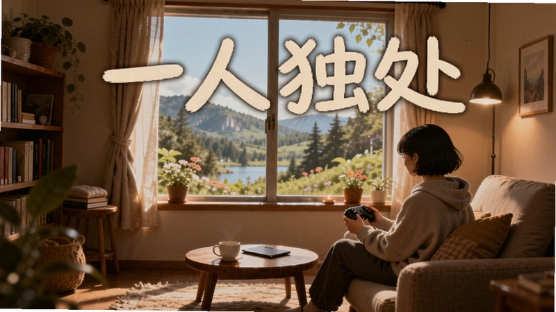 生成一人独处游戏宣传图,展现温馨单人房间与窗外自然风光,图中包含“一人独处”艺术字标题