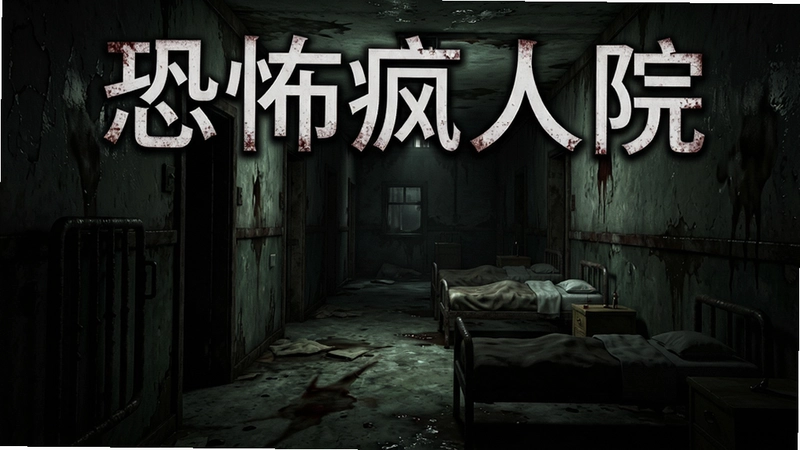 恐怖疯人院游戏阴暗走廊场景,文字“恐怖疯人院”
