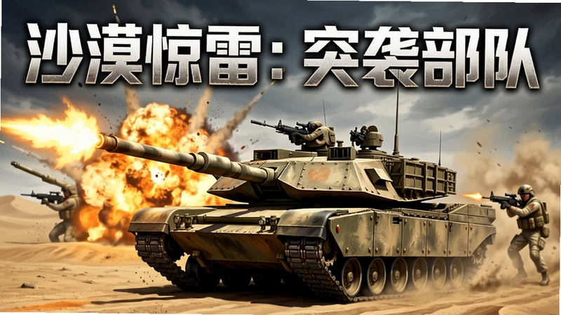 一张展现“沙漠惊雷:突袭部队”激烈战场氛围的宣传海报,包含坦克开火、沙漠爆炸与游戏标题“沙漠惊雷:突袭部队”文字,整体风格硬朗写实