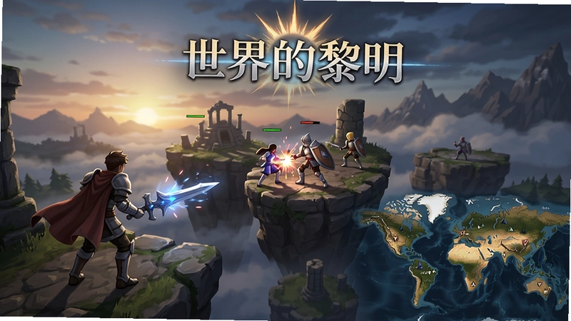 世界的黎明游戏全景,展现角色、战斗、世界地图与“世界的黎明”LOGO