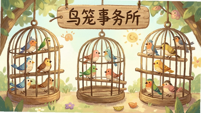 鸟笼事务所精美游戏场景,多种彩色小鸟和木质笼舍,手绘治愈风,文字“鸟笼事务所”