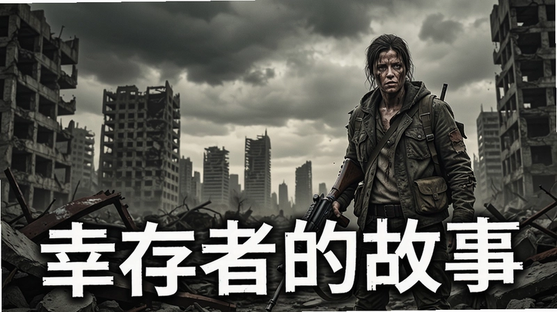 幸存者的故事,末日城市废墟,主角手持武器,“幸存者的故事”文字标题