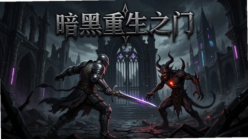暗黑重生之门游戏主城废墟场景,圣殿骑士持剑与恶魔战斗,画面充满暗黑哥特风格与科幻元素,标题“暗黑重生之门”