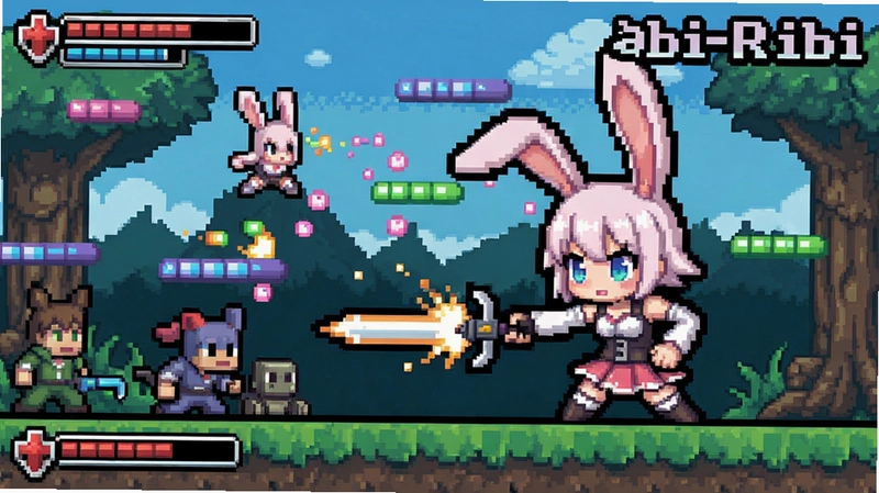 兔耳少女战斗场景,像素风格弹幕,Rabi-Ribi游戏画面,文字包含“Rabi-Ribi”