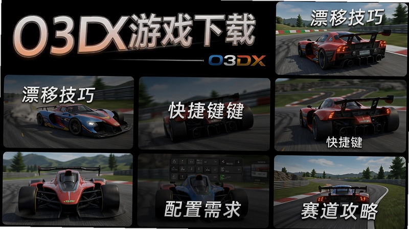 电脑赛车游戏O3DX,包含“O3DX游戏下载”“漂移技巧”“快捷键”“配置需求”“赛道攻略”等全面介绍的文字设计图