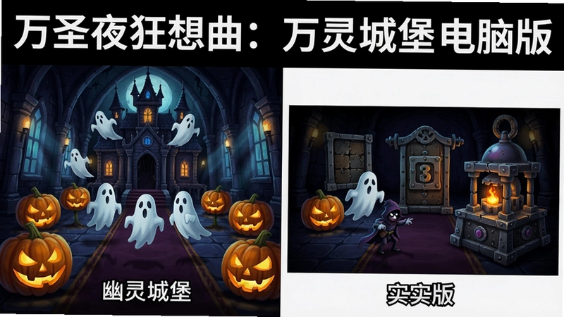 万圣夜狂想曲:幽灵城堡游戏主视觉图与实机截图,展示幽灵城堡大厅、南瓜灯、幽灵角色与谜题机关,文字“万圣夜狂想曲:幽灵城堡 电脑版”