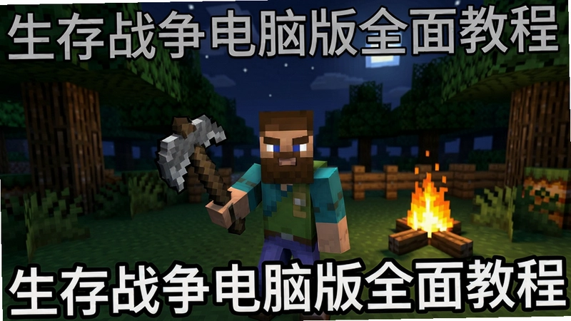 生存战争游戏主界面,包含像素风格森林、主角手持工具、夜晚篝火和‘生存战争电脑版全面教程’文字