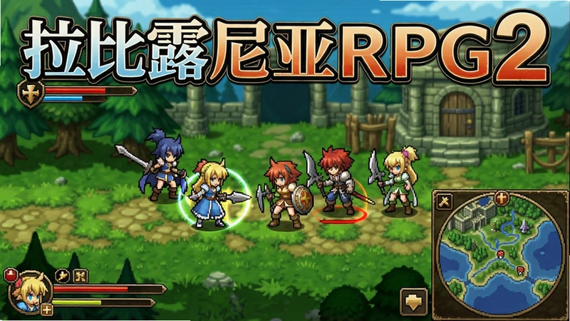 拉比露尼亚RPG2游戏界面截图,包含角色、战斗场景和地图,“拉比露尼亚RPG2”标题文字