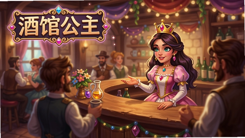 酒馆公主游戏主界面,公主站在装饰华丽的酒馆柜台后招待客人,画面温暖梦幻,标题“酒馆公主”