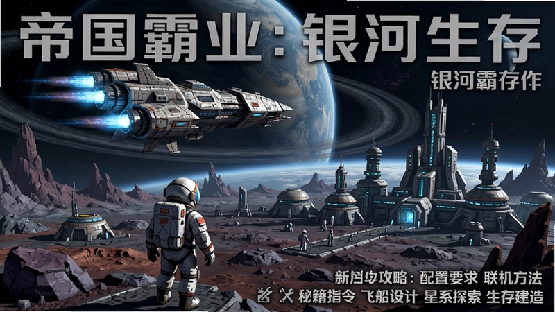 帝国霸业:银河生存太空沙盒游戏场景,星际飞船在行星轨道上,基地建筑林立,玩家穿着宇航服探索外星地表,“帝国霸业:银河生存 新手攻略 配置要求 联机方法 秘籍指令 飞船设计 星系探索 生存建造”