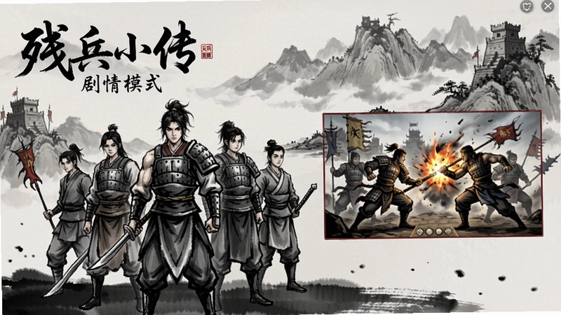 火凤燎原:残兵小传电脑版游戏主界面,残兵成员集结,水墨风格场景,“残兵小传”剧情模式与战斗画面