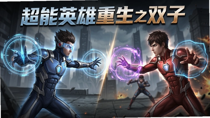 超能英雄重生之双子 游戏主界面与超能力战斗场景,包含角色使用时间操控和心灵遥感技能的激烈对战,标题“超能英雄重生之双子”