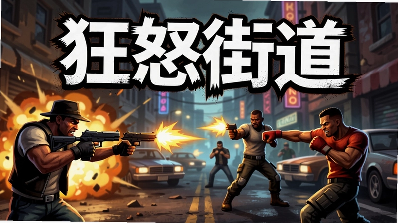 狂怒街道游戏主视觉,激烈枪战与格斗场面,“狂怒街道”艺术字标题