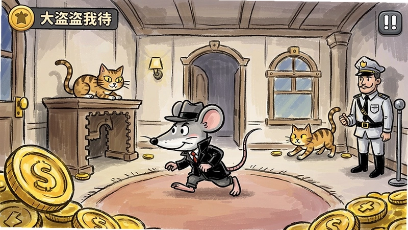 大盗鼠:时不我待游戏场景,卡通老鼠角色在豪宅内潜行躲避猫和守卫,手绘风格,画面包含金币和机关