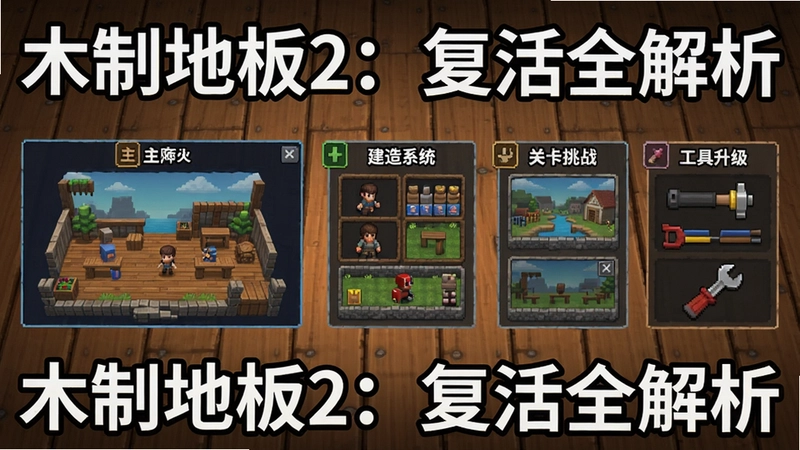 木制地板2:复活游戏综合展示图, 包含主界面、建造系统、关卡挑战、工具升级等内容, 文字标注“木制地板2:复活全解析”