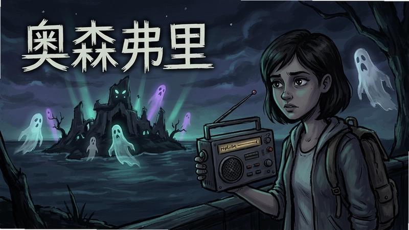 奥森弗里超自然冒险游戏画面,少女艾利克斯手持收音机在幽灵岛探索,夜空与怪异光影,悬疑氛围,手绘艺术风格,包含“奥森弗里”