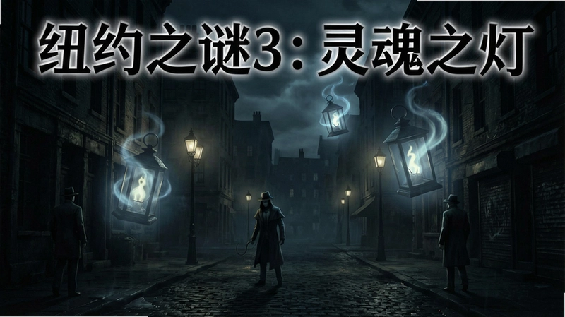 一幅展示纽约之谜3:灵魂之灯游戏开始界面的宣传图,包含“纽约之谜3:灵魂之灯”标题,幽暗的街道与悬浮的灵魂之灯