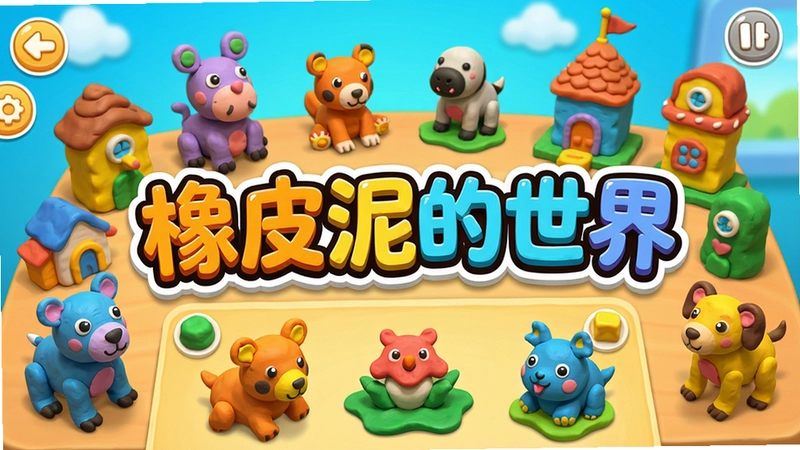 色彩明亮可爱的游戏主界面,展示“橡皮泥的世界”创意工坊,各种捏好的橡皮泥动物和建筑摆满桌面,中央用醒目的卡通字体写着“橡皮泥的世界”