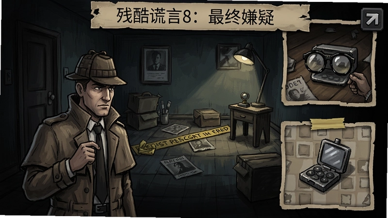 一幅展现“残酷谎言8:最终嫌疑”游戏画面的图,包含侦探角色、案发现场场景、隐藏物体寻找、精美手绘风格、悬疑氛围以及关键证物