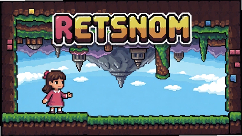 RETSNOM 游戏主界面,像素风解谜,小女孩与倒置世界,“RETSNOM”标题艺术字