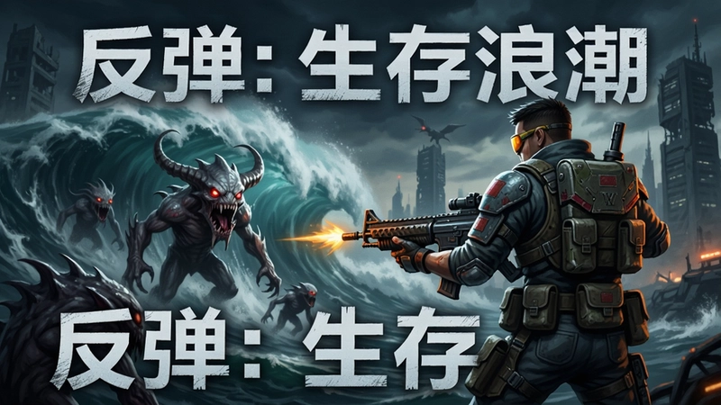 反弹:生存浪潮游戏主视觉图,科幻末世背景,战士持枪面对巨浪与怪物,文字标明“反弹:生存浪潮”